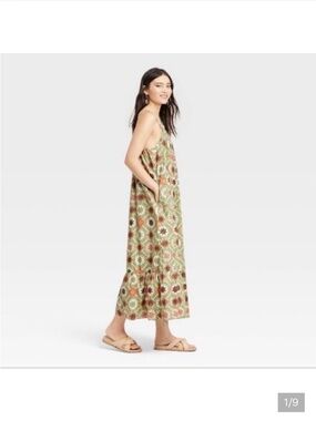 Never Worn Patchwork Green/Multi Adjustable Maxi Dress with Pockets
